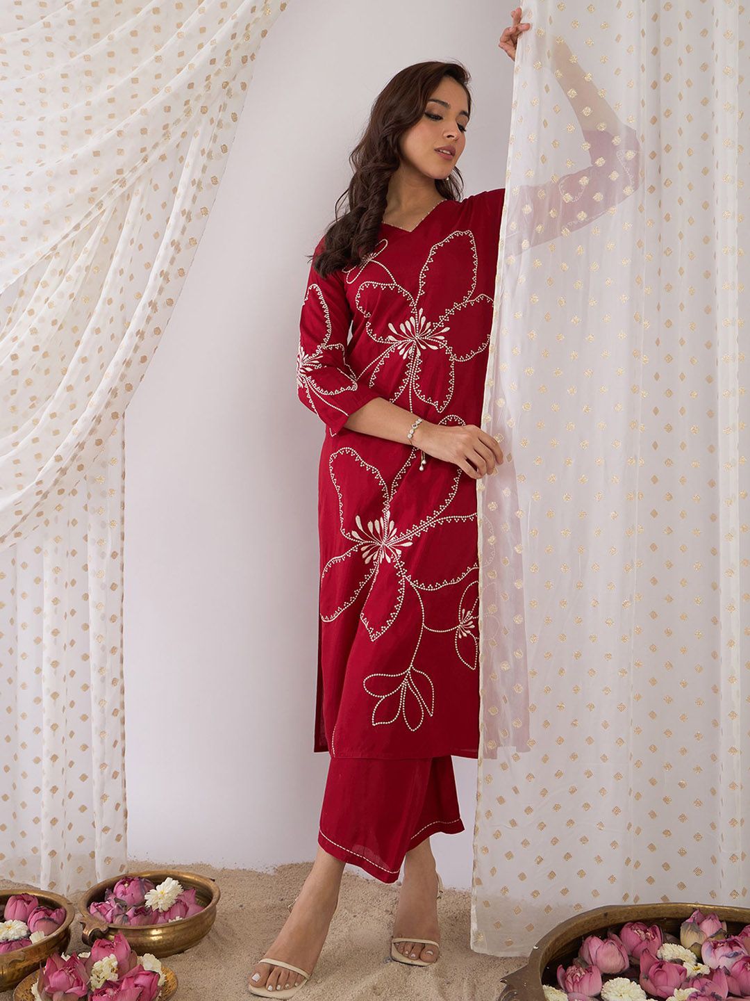 Indo Era Embroidered Three-Quarter Sleeves Tunic With Palazzo