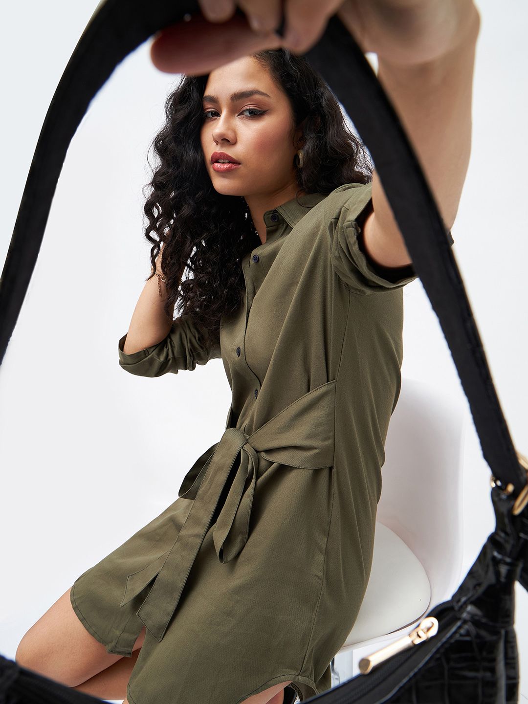 SASSAFRAS Women Olive Green Solid Shirt Dress With Waist Tie-Up Detail