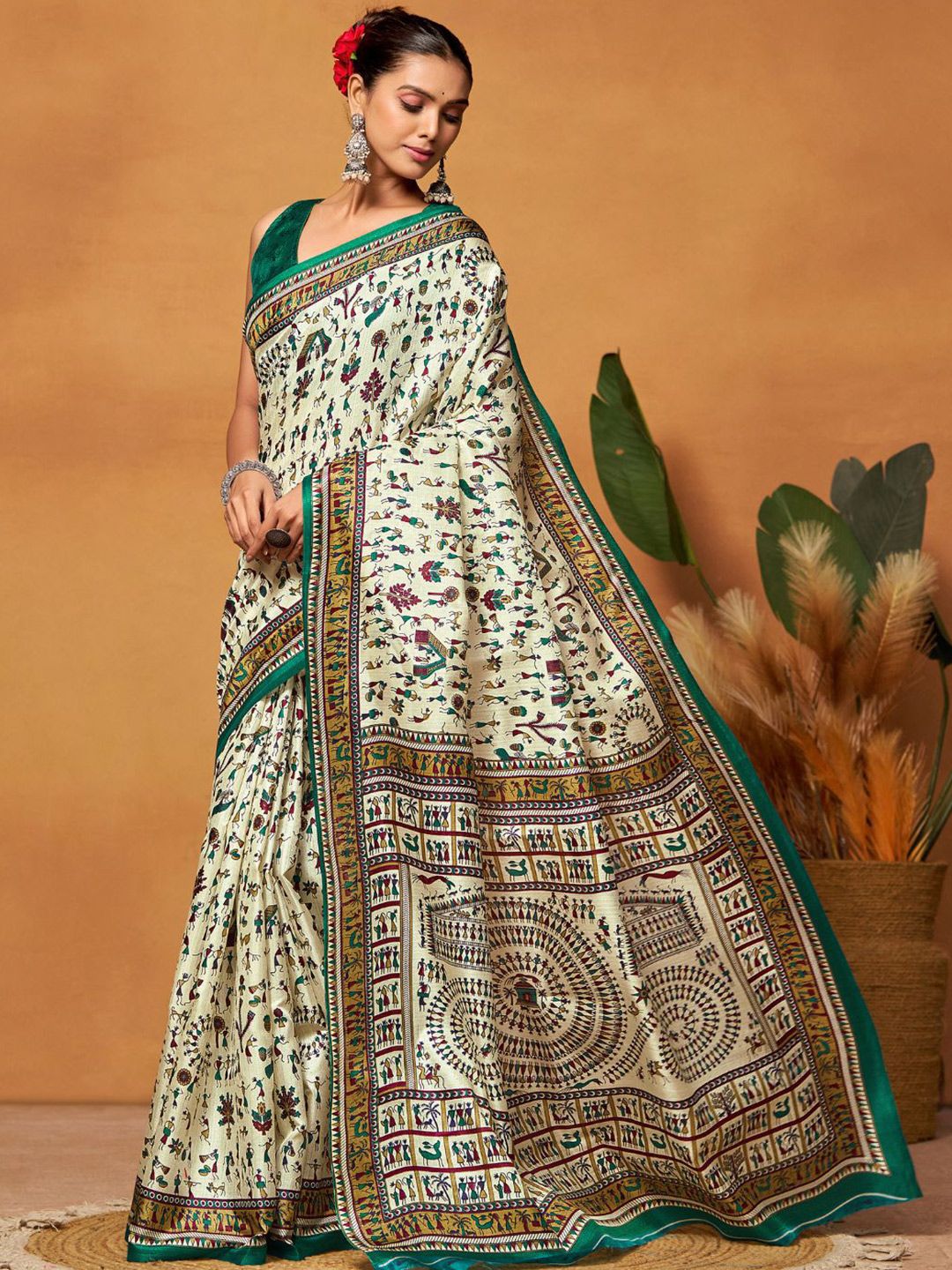 KALINI Warli Art Silk Block Print Saree