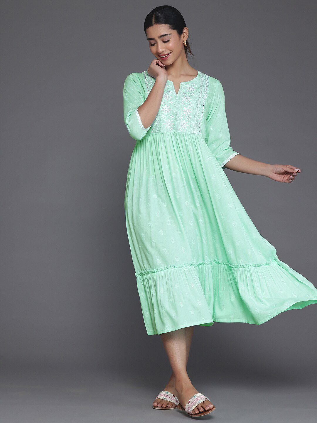 Libas Ethnic Motifs Embroidered Ruffled Fit & Flare Midi Dress