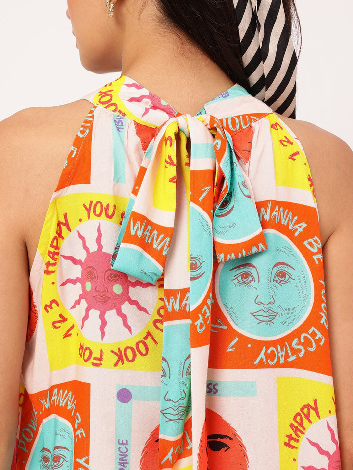 DressBerry Giggle & Glam Quirky Conversational Printed Halter Neck Tie Up Dress