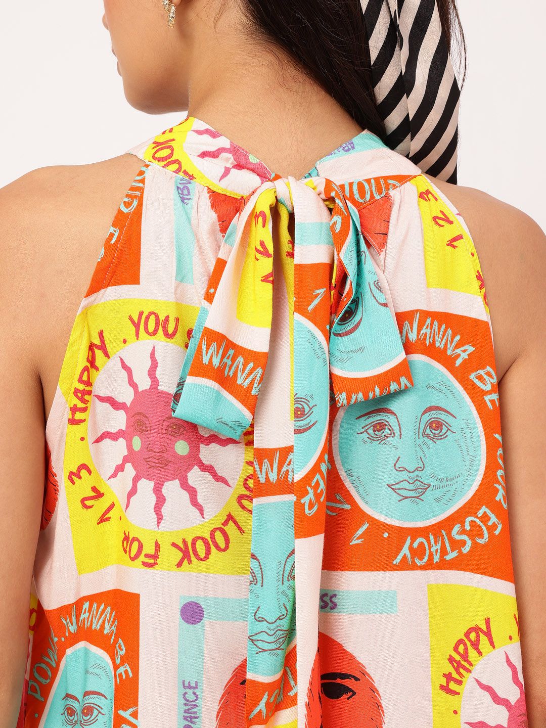 DressBerry Giggle & Glam Quirky Conversational Printed Halter Neck Tie Up Dress