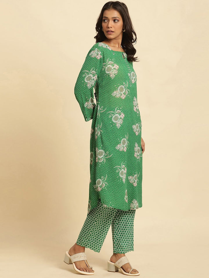 W Green Floral Printed Keyhole Neck Kurta