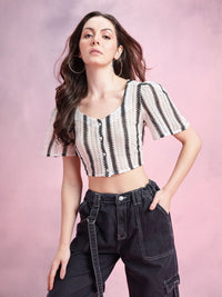 DressBerry Self-Striped Sweetheart Neck Crochet Weave Semi-Sheer Buttoned Crop Fitted Top