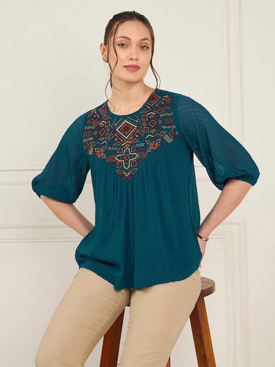 Antheaa Embroidered Chiffon A-Line Top