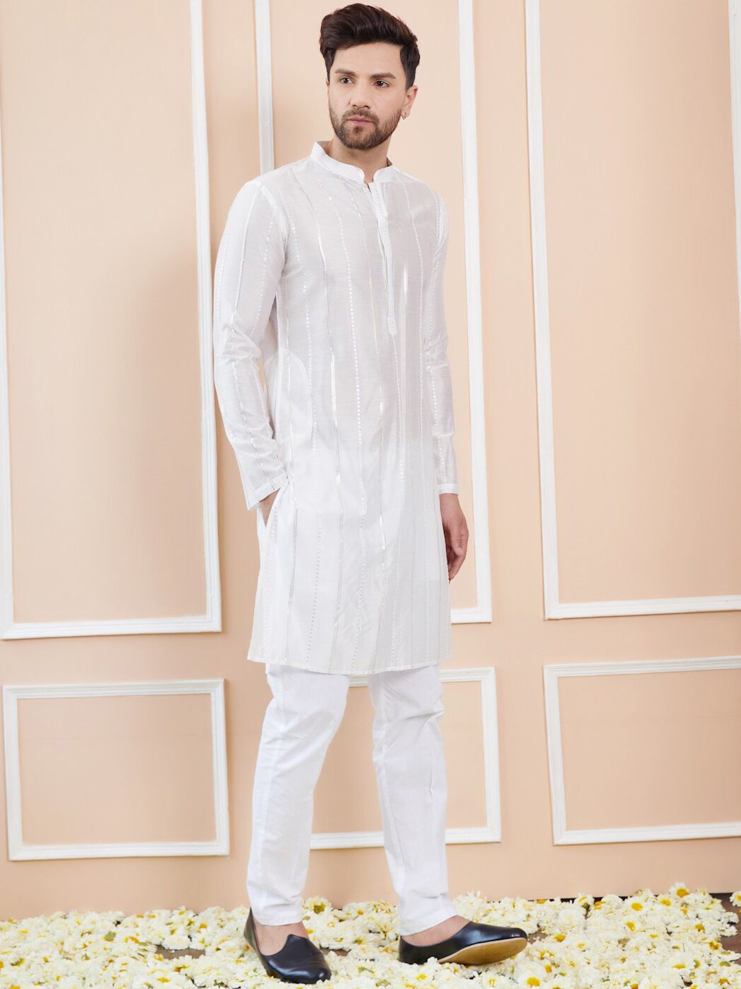 See Designs Striped Mandarin Collar Sequins Straight Kurta