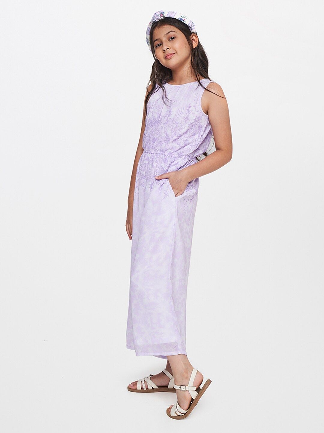 AND Girls lavender Floral Printed Basic Jumpsuit