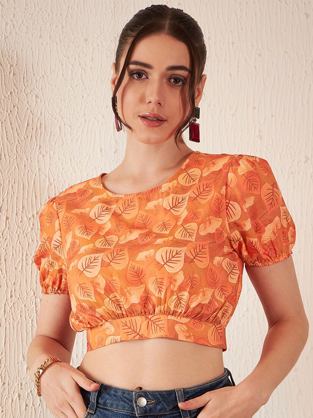 DENNISON Floral Printed Puff Sleeves Blouson Crop Top