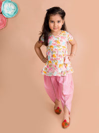 pspeaches Girls White Ethnic Motifs Printed Pleated Gotta Patti Pure Cotton Kurti with Dhoti Pants