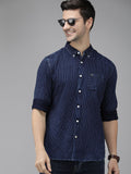 THE BEAR HOUSE Men Navy Blue Pure Cotton Striped Slim Fit Casual Shirt