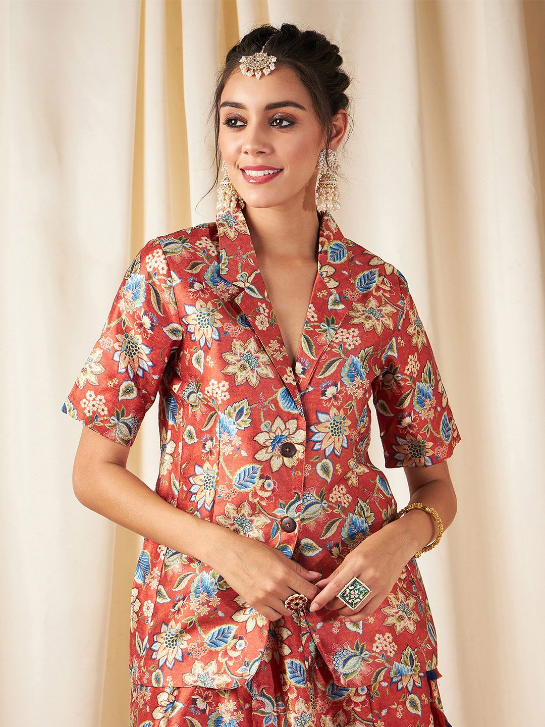 Shae by SASSAFRAS Women Rust Orange Floral Printed Single Breasted Blazer