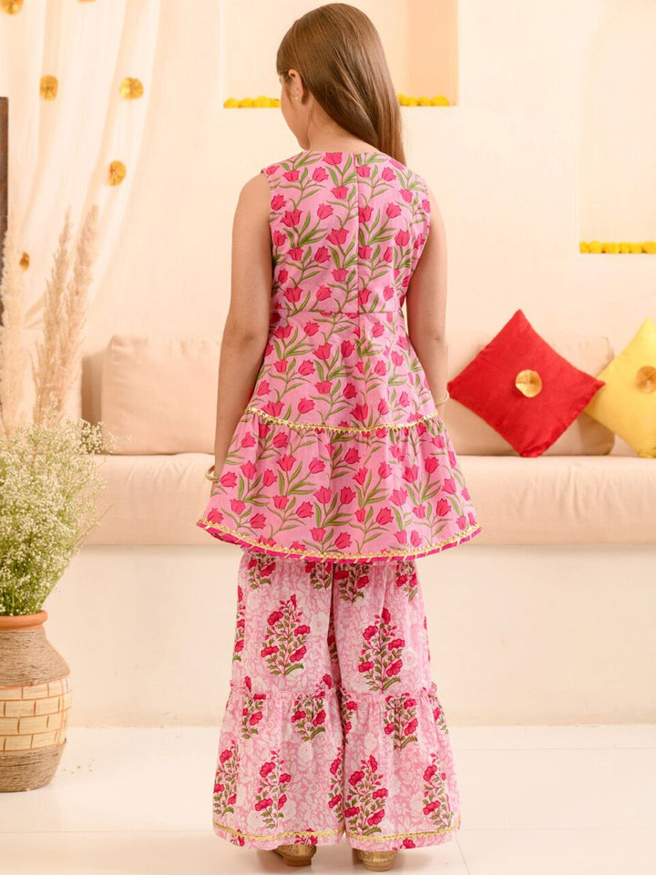 pspeaches Girls Floral Printed Gotta Patti Pure Cotton Kurta With Sharara & Dupatta