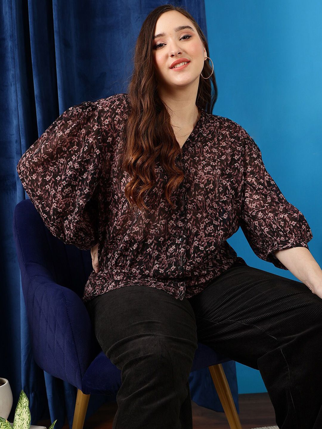 CURVY STREET Plus Size Floral Printed V-Neck Bell Sleeves Ruffled Shirt Style Top