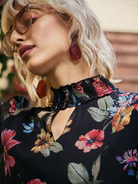 SASSAFRAS High Neck Floral Printed Smocked Tiered Chiffon A-Line Dress
