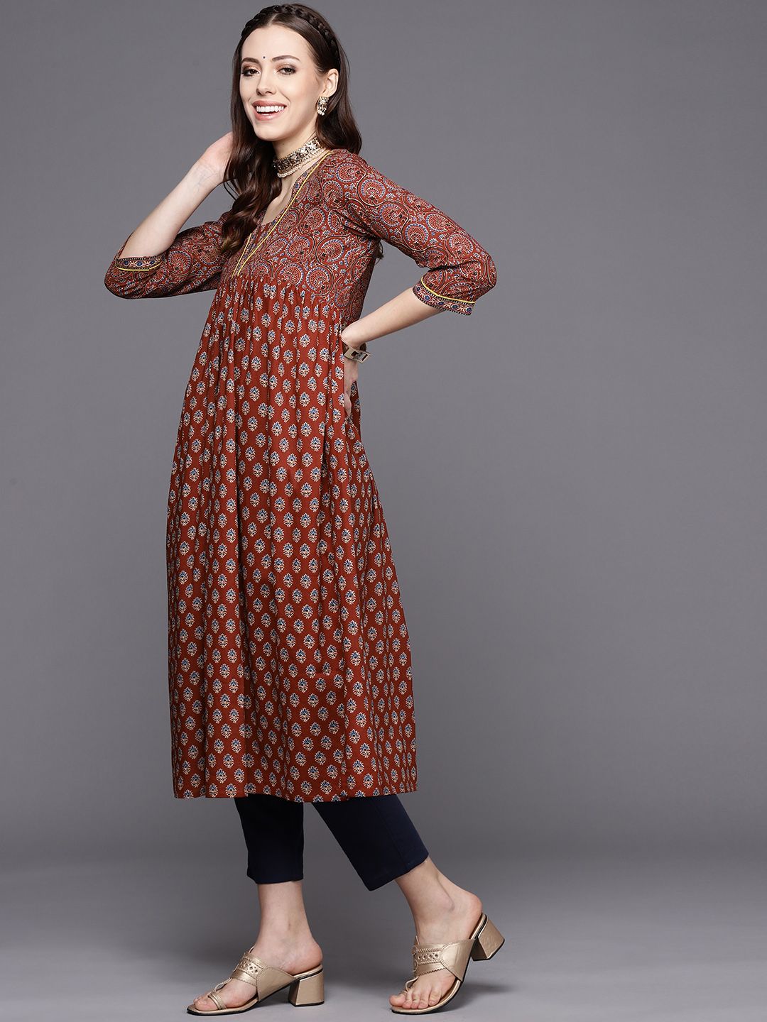 Varanga Women Maroon Alia cut Ethnic Jaipuri Printed A line Pure Cotton Kurta