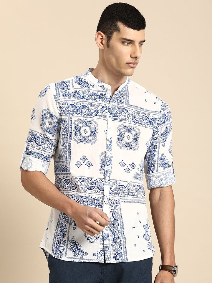 Anouk Men White And Blue Printed Pure Cotton Casual Shirt