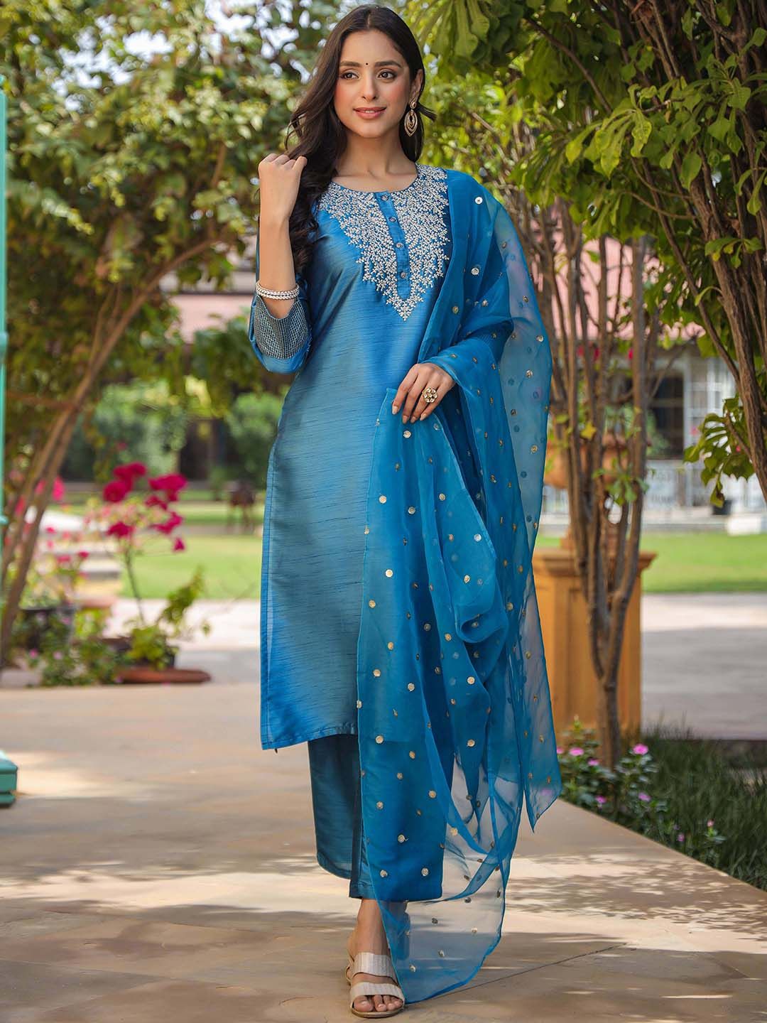 KALINI Ethnic Motifs Embroidered Straight Kurta & Trousers With Dupatta