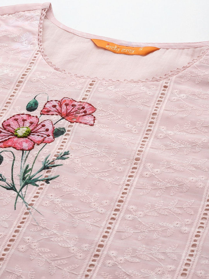 Indo Era Floral Embroidered Regular Thread Work Pure Cotton Kurta With Trousers & Dupatta