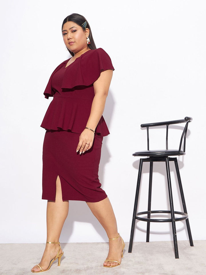 SASSAFRAS Curve Plus Size V-Neck Peplum Midi Dress