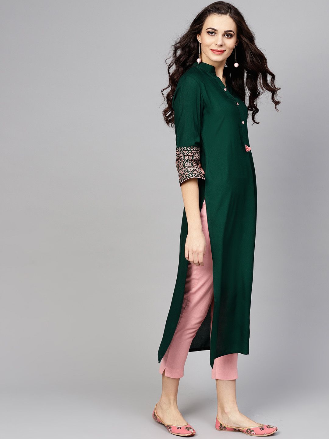 Libas Green Mandarin Collar Viscose Straight Kurta With Embroidered Sleeves