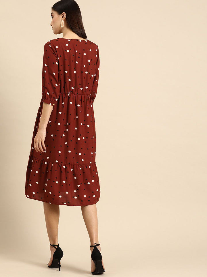 all about you Women Maroon & White Printed V-Neck A-Line Tiered Casual Dress