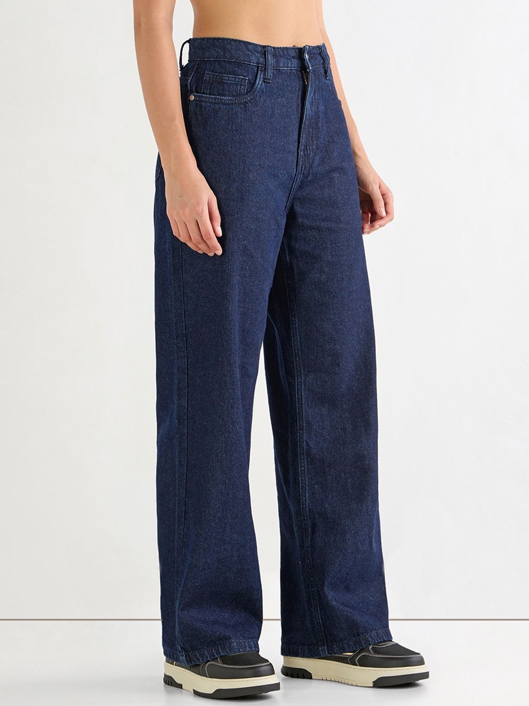 Bewakoof Women Blue Baggy Wide Leg Clean Look Cotton Jeans
