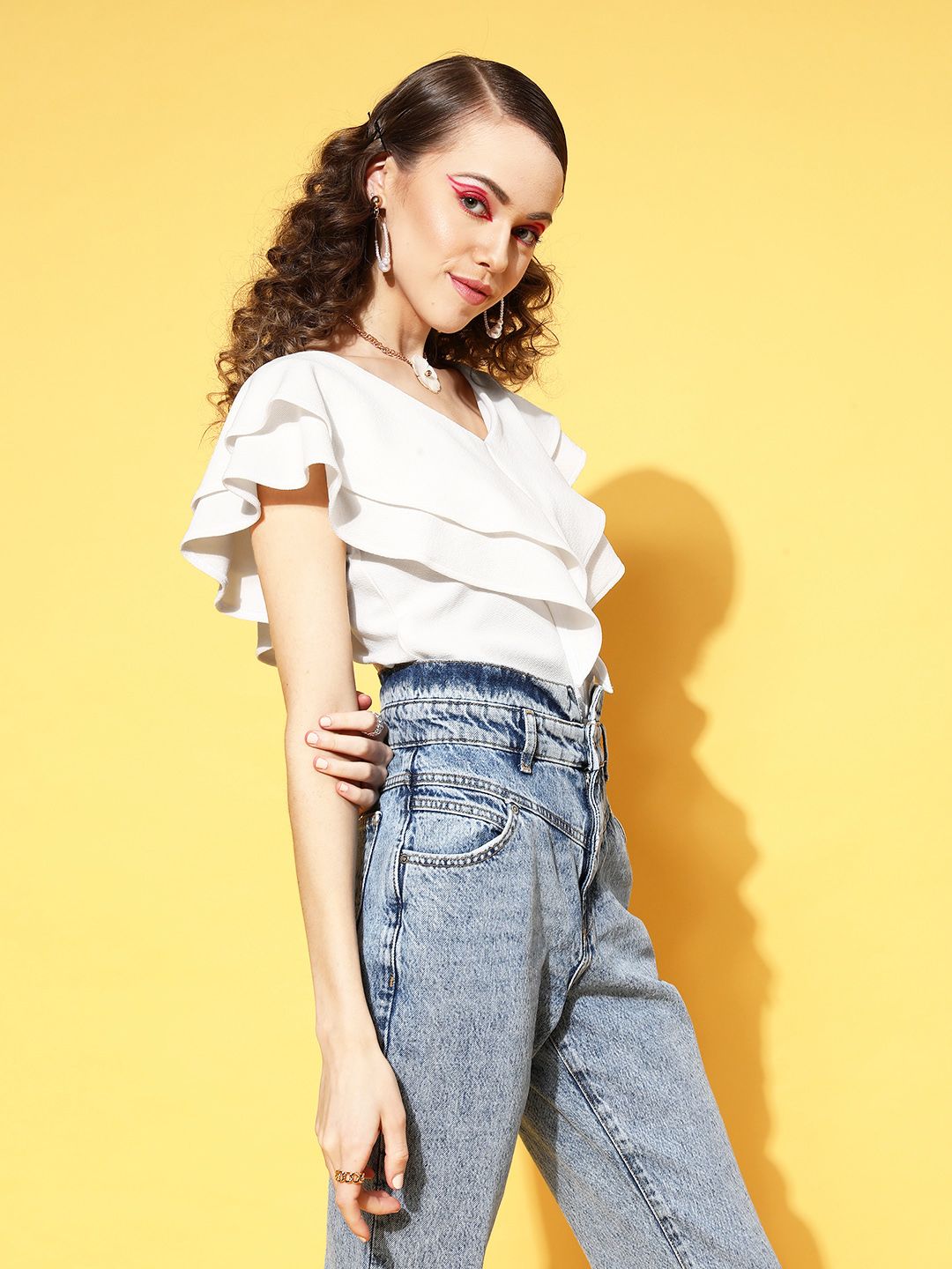 Athena Women Classic White Solid Feminine Frills Top