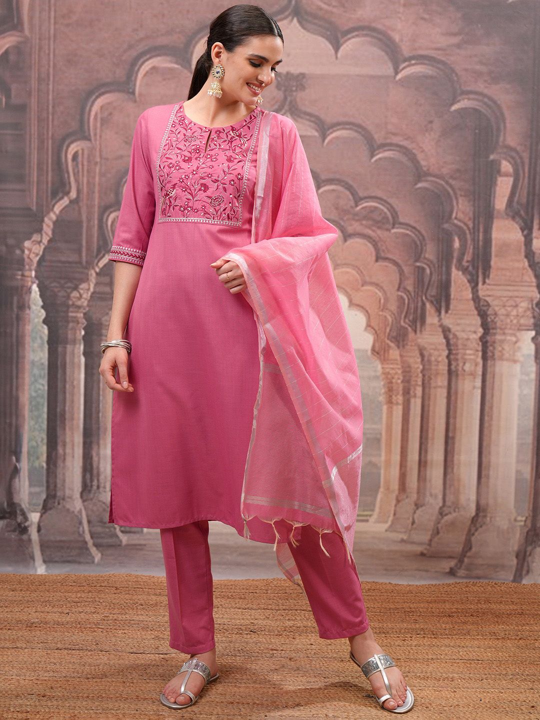 Vishudh Rose Embroidered Straight Kurta with Trouser & Dupatta
