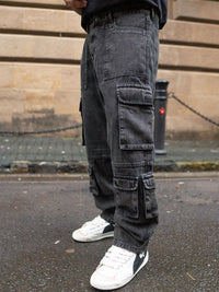 Powerlook Men Loose Fit Cargos Charcoal Black Multi Pockets Baggy Fit Denim Jeans