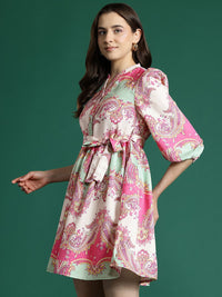 DressBerry Ethnic Motifs Print Puff Sleeves A-Line Mini Dress with Belt