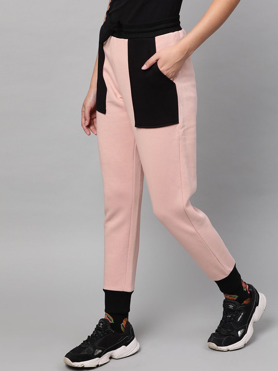 STREET 9 Women Pink & Black Colourblocked Slim Fit Solid Joggers