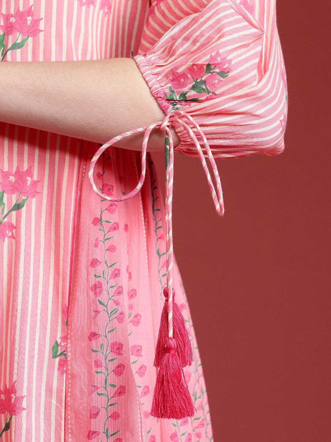 Anouk Floral Print Pleated Tasseled Shirt Collar Pure Cotton Ethnic Dress