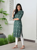 W Women Green & Off-White Printed A-Line Kurta