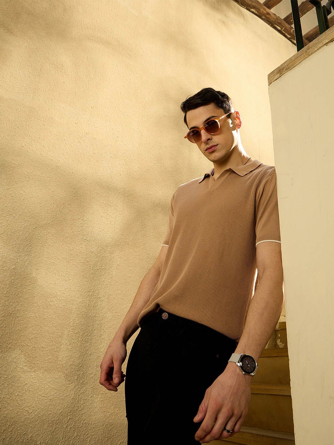 DENNISON Men Textured Polo Collar Knitted T-Shirt