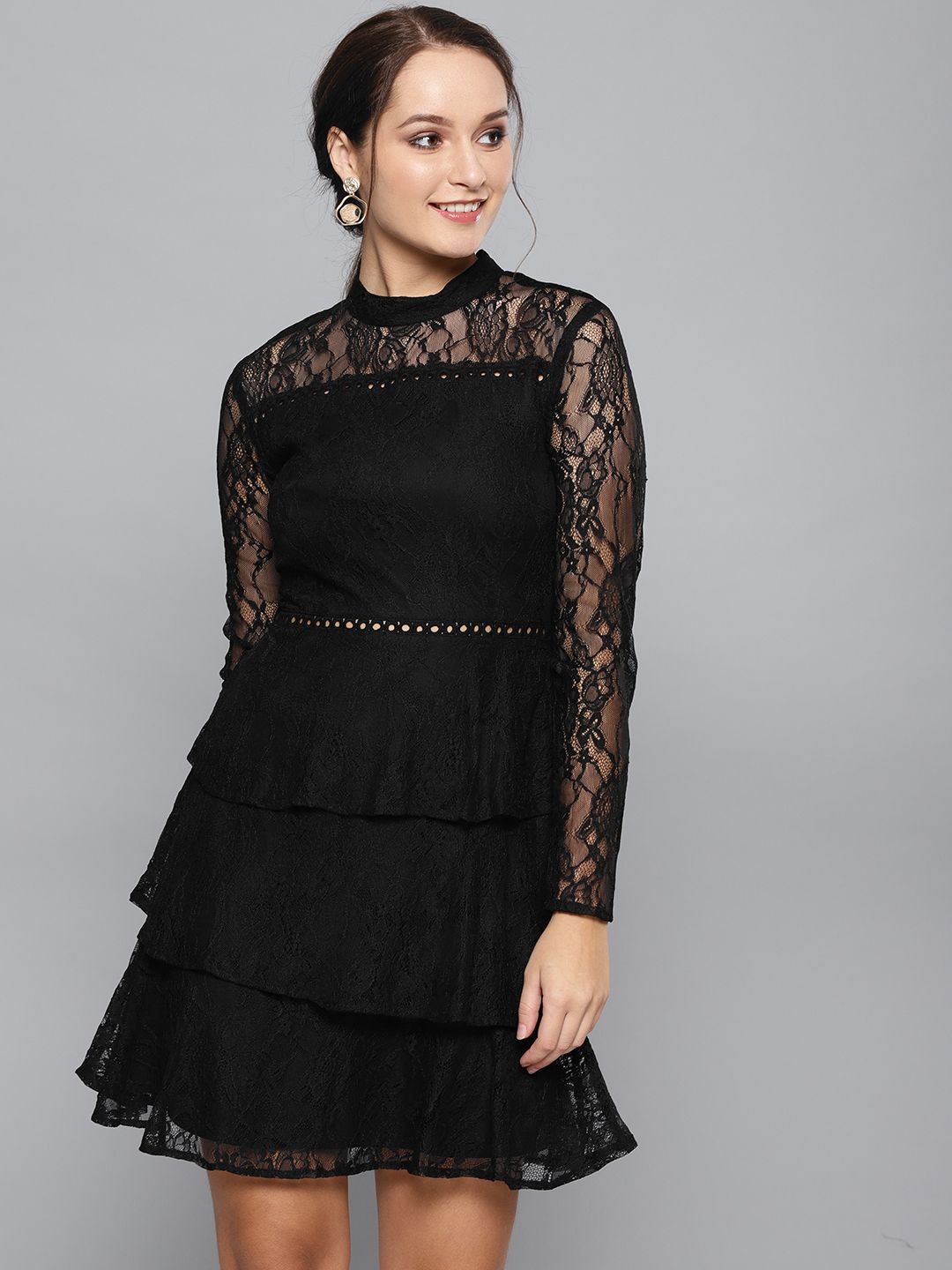 STREET 9 Women Black Floral Lace A-Line Dress