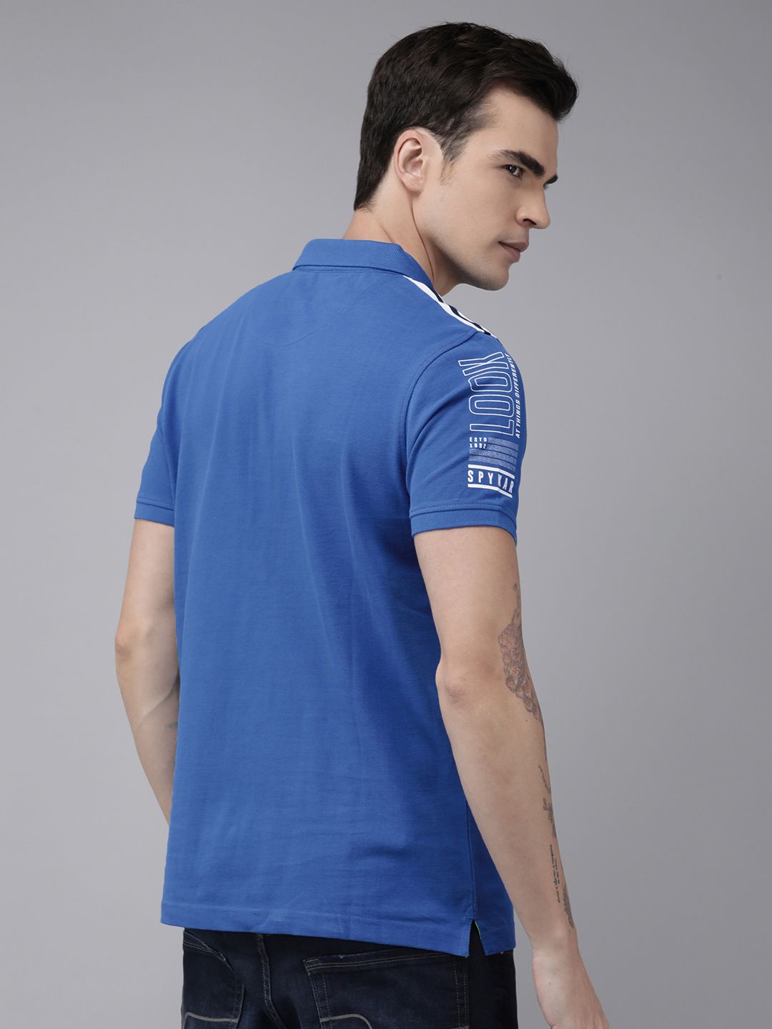 SPYKAR Men Polo Collar Indigo Pure Cotton Slim Fit T-shirt With Shoulder Taping Detail