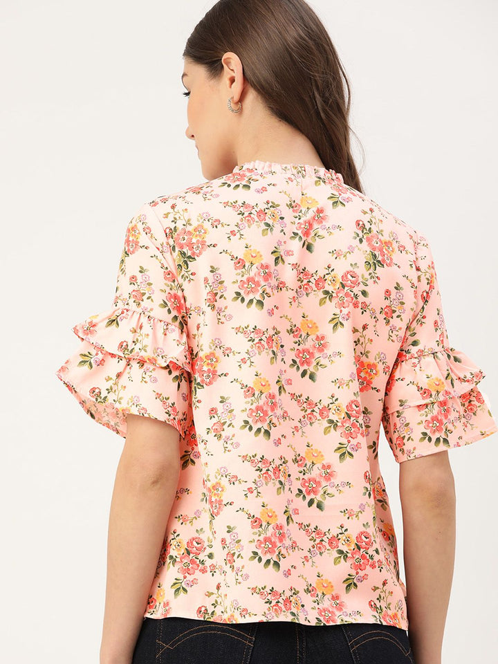 DressBerry Peach-coloured & Green Floral Printed Keyhole Neck Flared Sleeves Regular Top