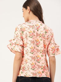 DressBerry Peach-coloured & Green Floral Printed Keyhole Neck Flared Sleeves Regular Top