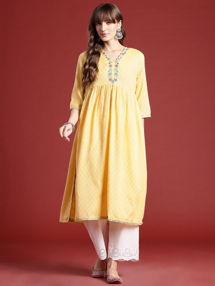 Anouk Geometric Woven Design Thread Work Detail Empire-Style A-Line Kurta
