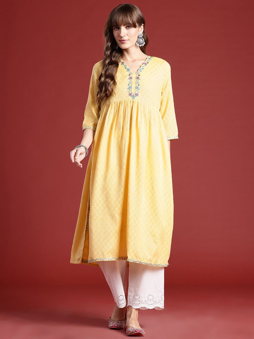 Anouk Geometric Woven Design Thread Work Detail Empire-Style A-Line Kurta