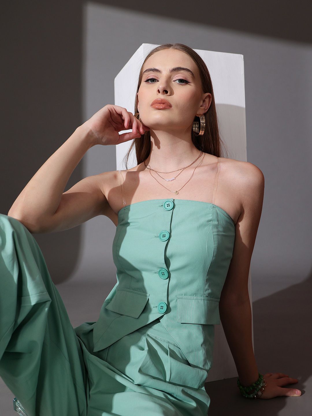 STREET 9 Solid Off Shoulder Pure Cotton Top & Trousers Co-Ord Set