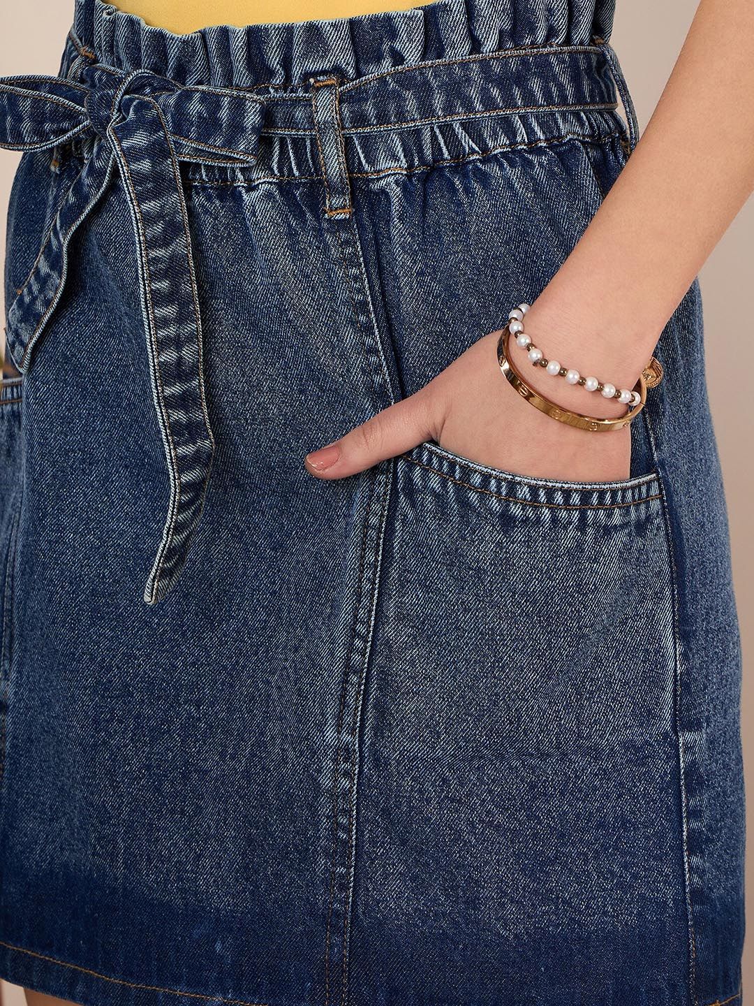 Berrylush Pure Cotton High Rise Denim A-Line Skirt