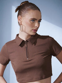 STREET 9 Brown Polo Collar Ribbed Slim Fit Crop T-shirt