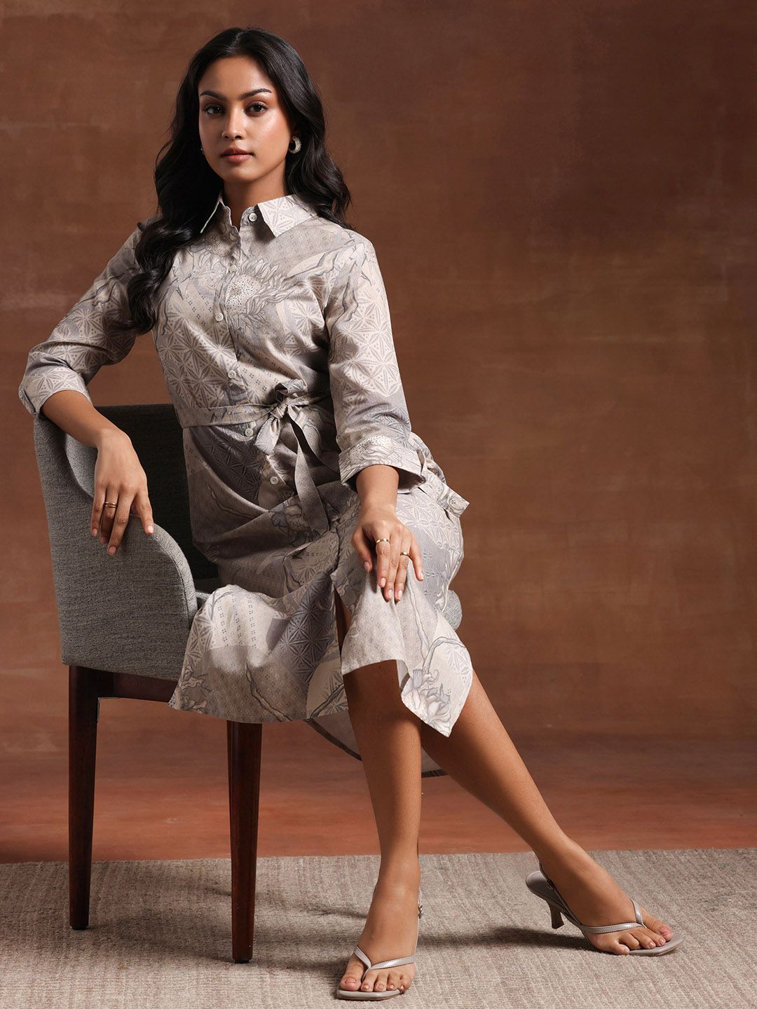 Libas Floral Printed Linen Shirt Collar A-Line Dress