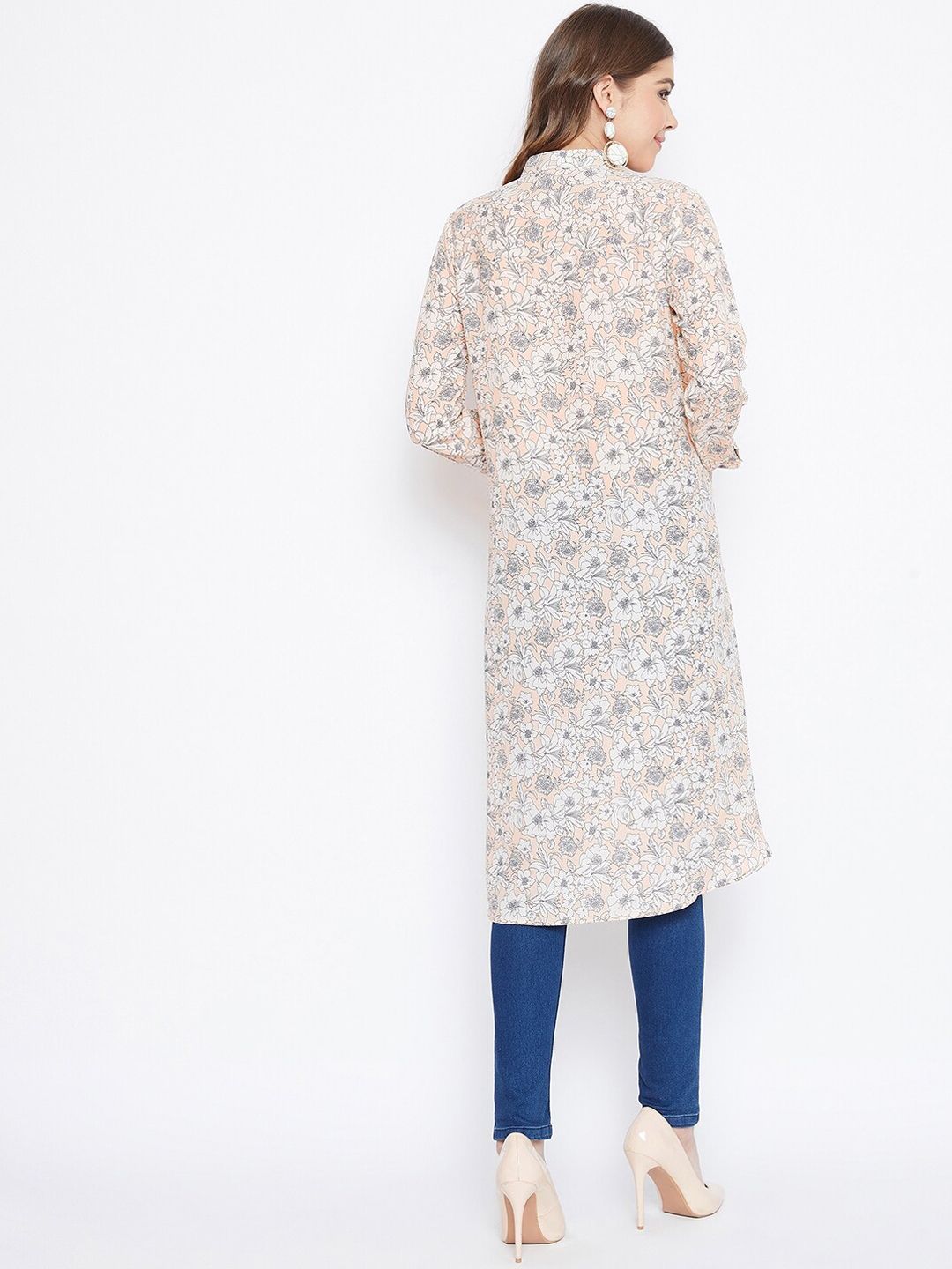 Berrylush Beige Floral Printed Crepe Shirt Style Top