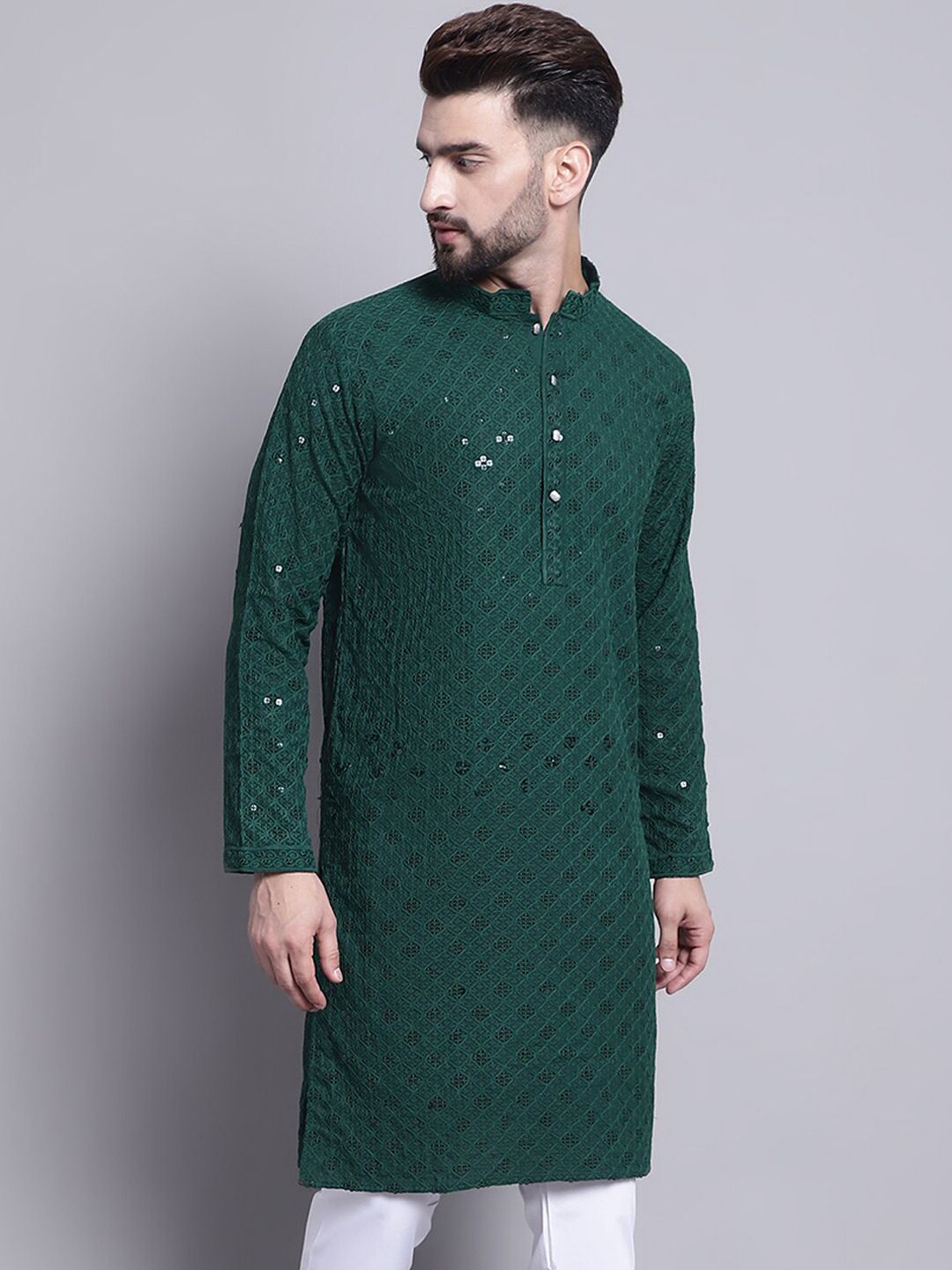 SOJANYA Embellished Mandarin Collar Sequinned Pure Cotton Kurta