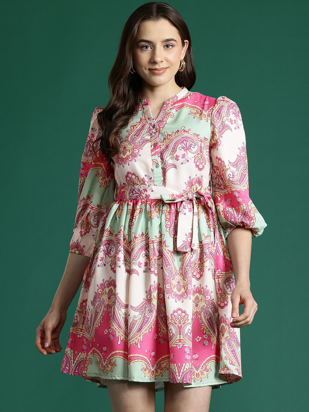 DressBerry Ethnic Motifs Print Puff Sleeves A-Line Mini Dress with Belt