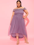 CURVY STREET Lavender Plus Size Off-Shoulder Net Dress