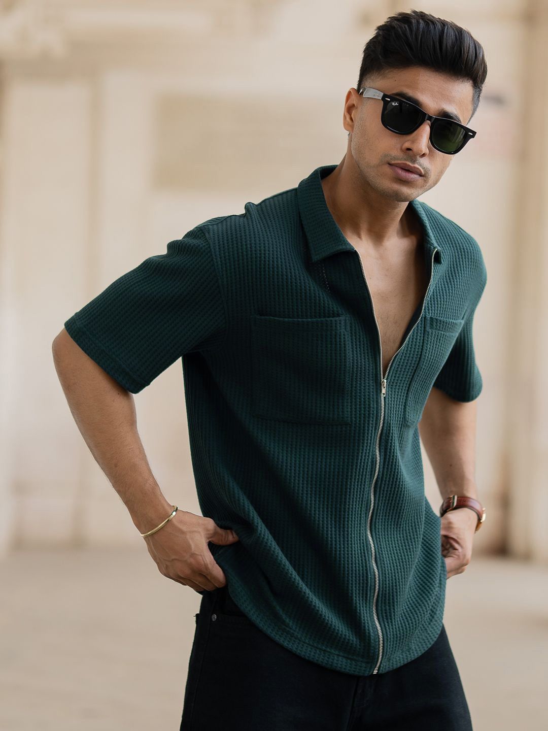 Powerlook Men Oversized Fit Spread Collar Textured Cotton Casual Shirt