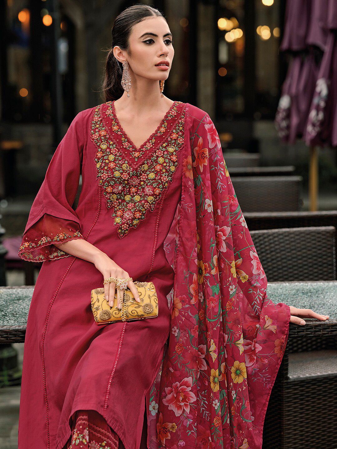 Indo Era Floral Embroidered Panelled Thread Work A-Line Kurta With Trousers & Dupatta